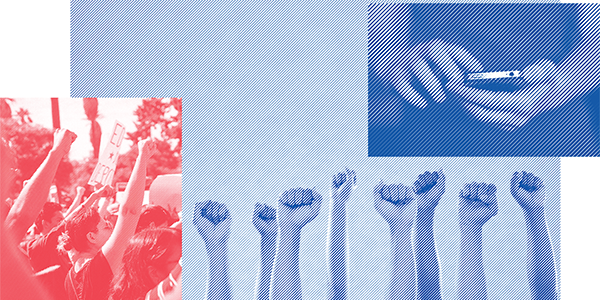 A collage of fists raised in protest and an image of someone using a cellphone.