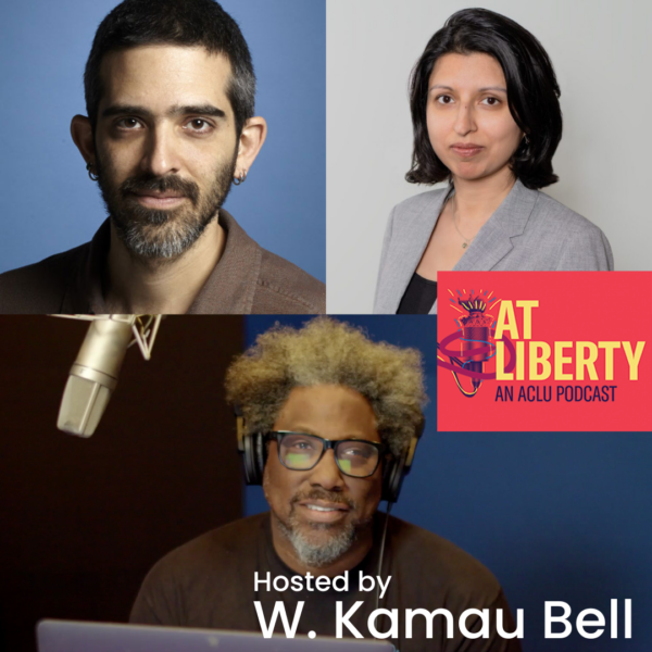 Esha Bhandari and Daniel Kahn Gillmor with W. Kamau as host